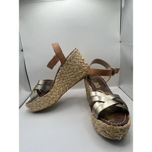 Sam Edelman Darline Gold Leather Platform Wedges Espadrille Ankle Strap Size 7.5